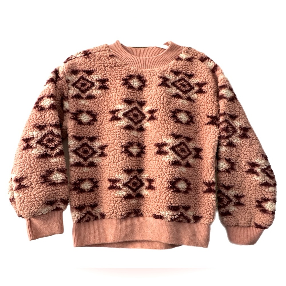 Cat & Jack Girls Size Small 3/5 Pink and Maroon Aztec Print Sherpa Sweater